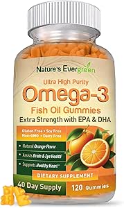 Extra Stärke Omega 3 Fischöl Gummis mit DHA & EPA | Ultra Hohe Reinheit Omega 3 Gummy Ergänzung für gesundes Herz, Gelenk & Gehirn Unterstützung | Nature's Vitamine, Orange Flavor | 120 Gummis