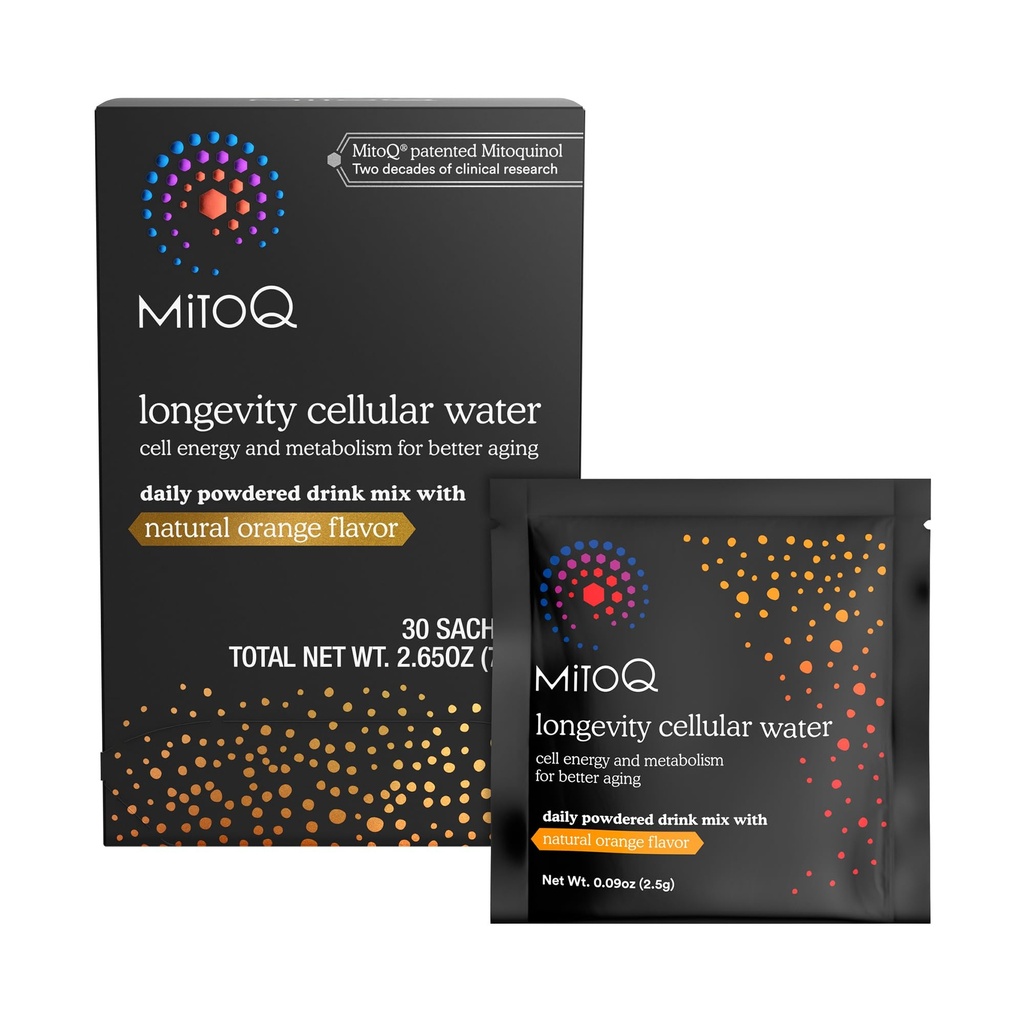 MitoQ Langlebigkeit Cellular Water Daily Powder Drink Mix Natural Orange Flavor - Mitochondria-targeted Antioxidant - Cell Energy und Metabolism for Better Aging (Orange, 30 Packets)