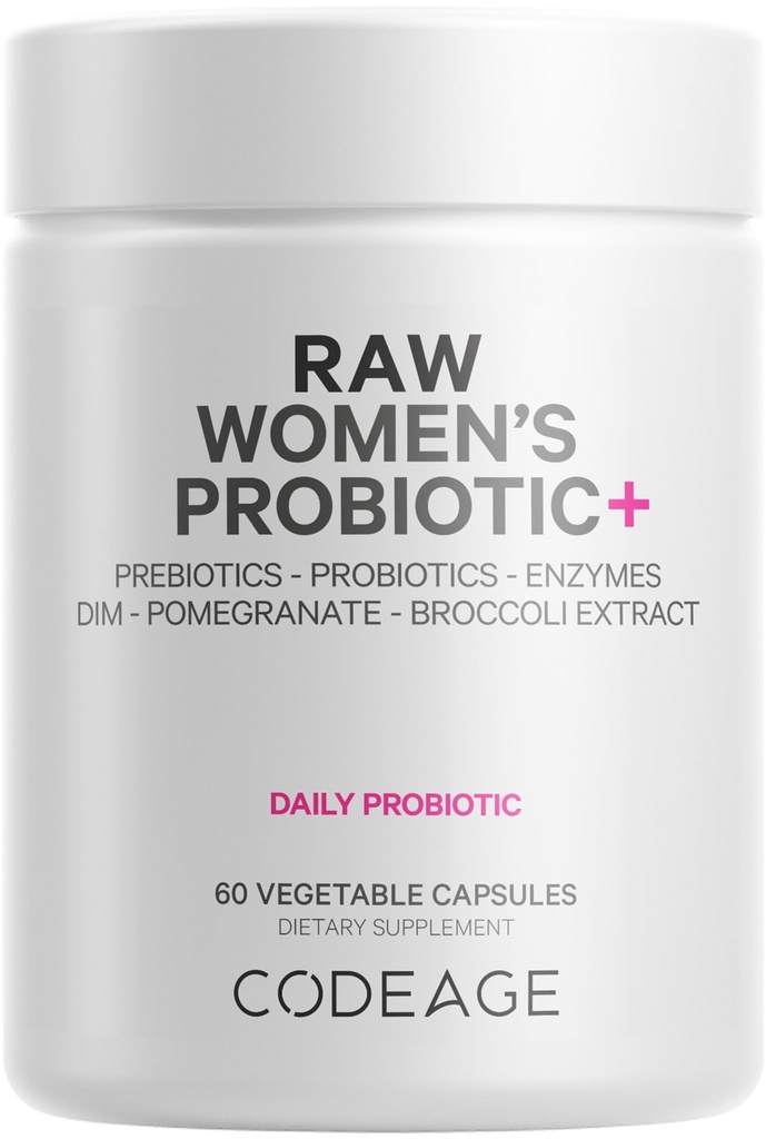 Codeage Raw Women’s Probiotic+ Supplement - 34 Probiotic Strains, 100 Billion CFUs, Verdauungsenzyme, Prebiotic Blend, DIM, Kräuterextrakte, Phytonutrients - Non-GMO - 30 Kapseln