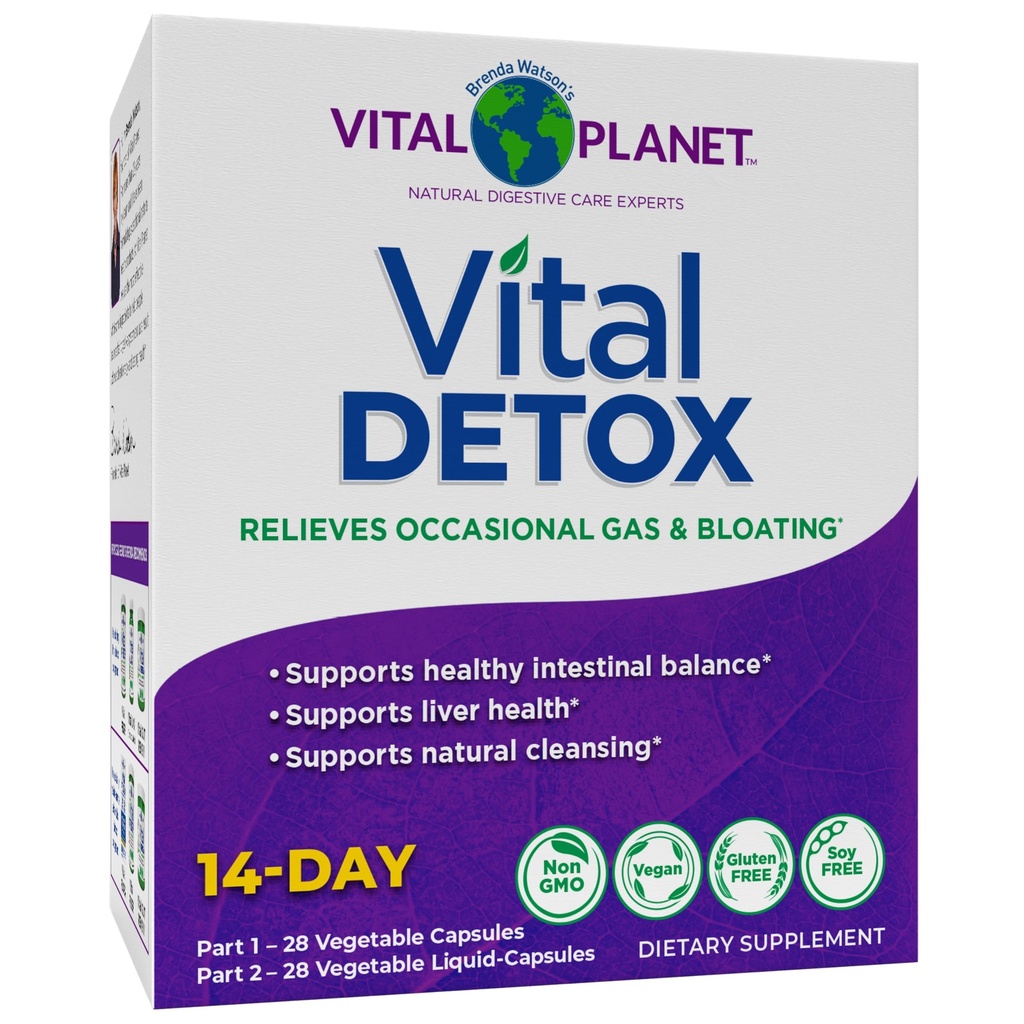 Vital Planet - Vital-Detox mit Milchdistel, Quercetin, Alpha-Liposäure, Cholin und Kräuter, für okziöses Gas und Bloating, Unterstützt gesunde Darmbilanz, 2-Teil 14-Tage-Kit, 56 Kapseln