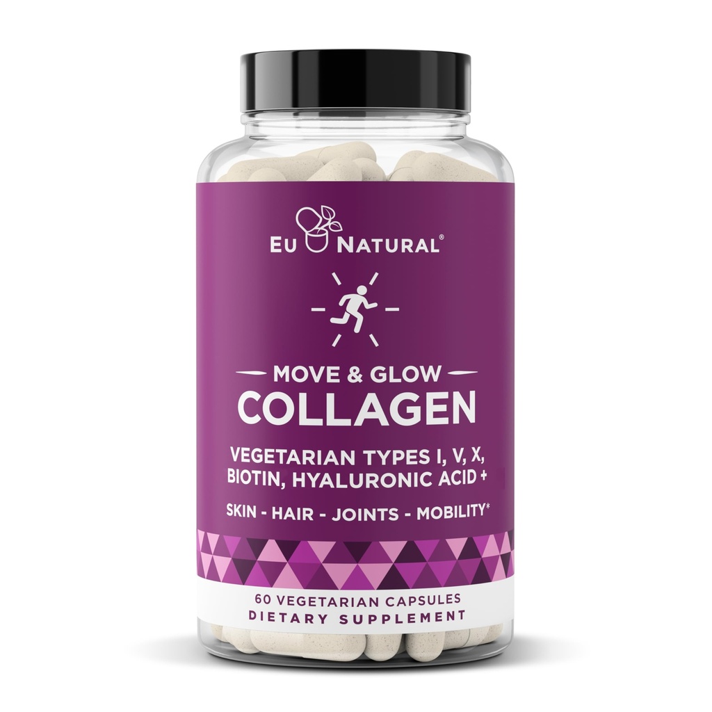 Move & Glow Collagen Pillen für Frauen & Männer – Vegetarisches Multi-Collagen (Typ I-V-X) mit 9 pflanzlichen Superfoods für Hautgesundheit & Gelenkunterstützung – Biotin, Vitamin C, Vitamin E, 60 vegetarische Kapseln