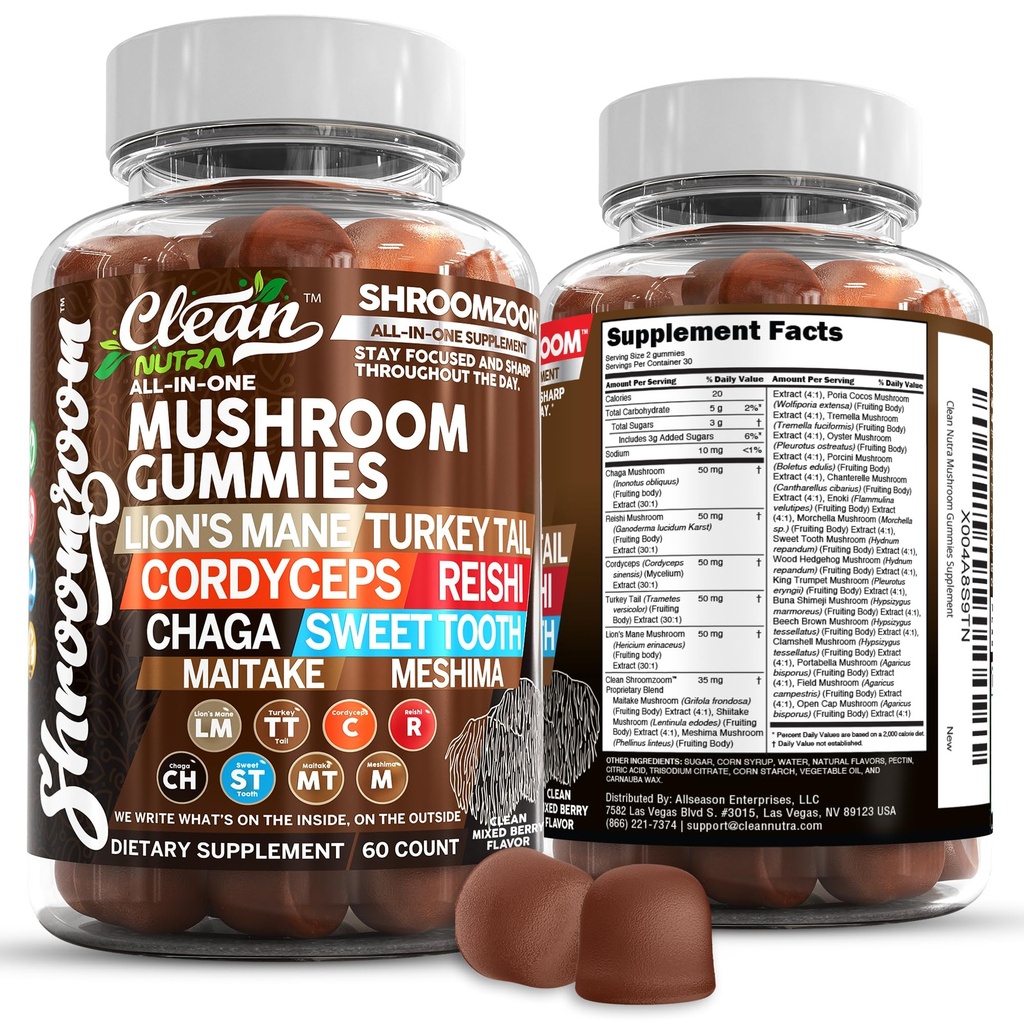 15in1 Mushroom Gummis mit Lion's Mane Türkei Tail Cordyceps Reishi Chaga Sweet Toot Maitake Meshima Poria Cocos Shiitake Tremella, Oyster Agaricus Pilze für Männer und Frauen Supplement Clean Nutra