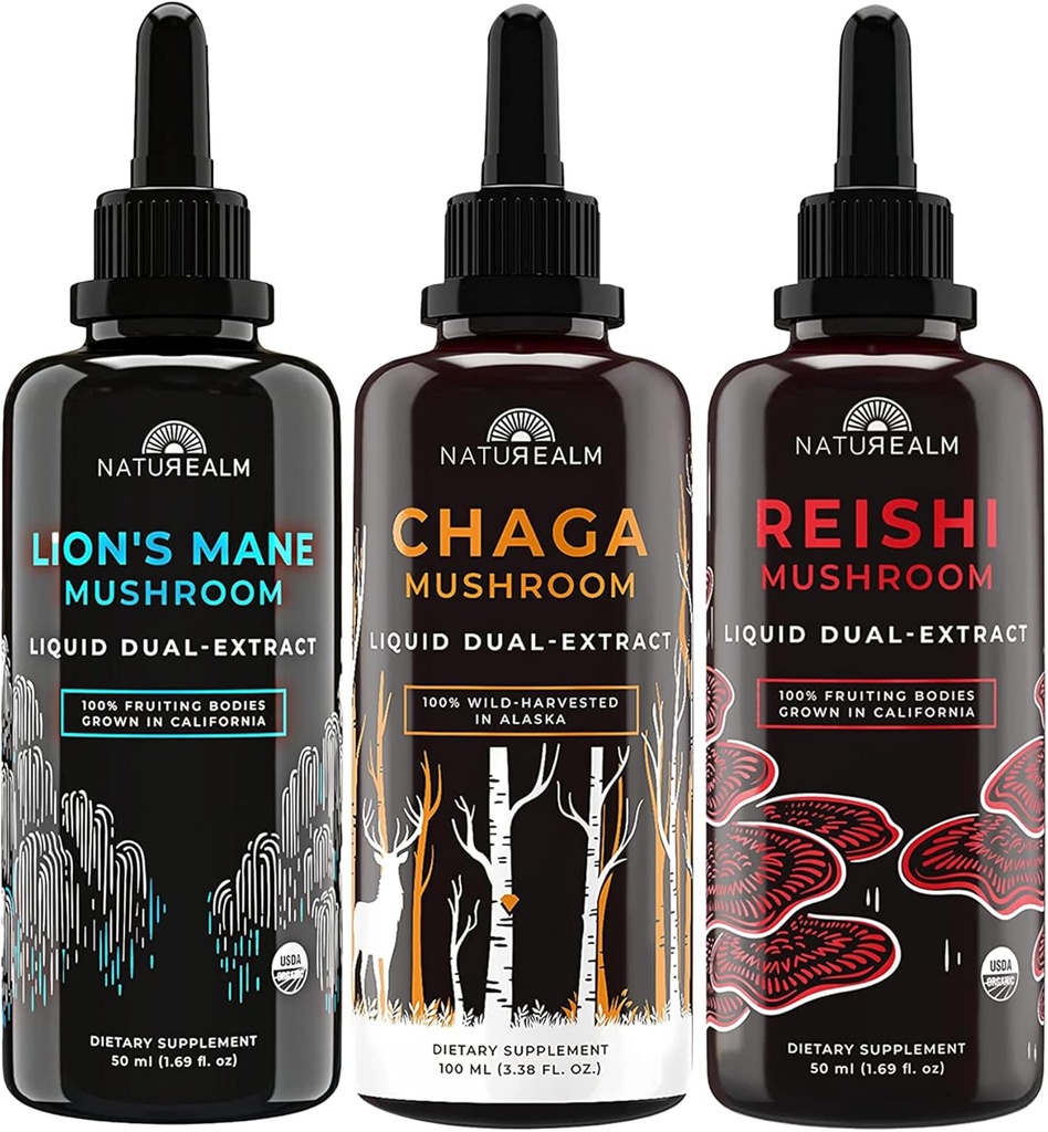 Naturealm Lion’s Mane, Reishi, & Chaga Mushroom Extract - Adaptogen Stack for Focus, Immunity, Longevity, Gut Health, Anti-Aging, Energy, Healing, & More - Organic Liquid Drops - 50 mL Jeder (3 Pack)
