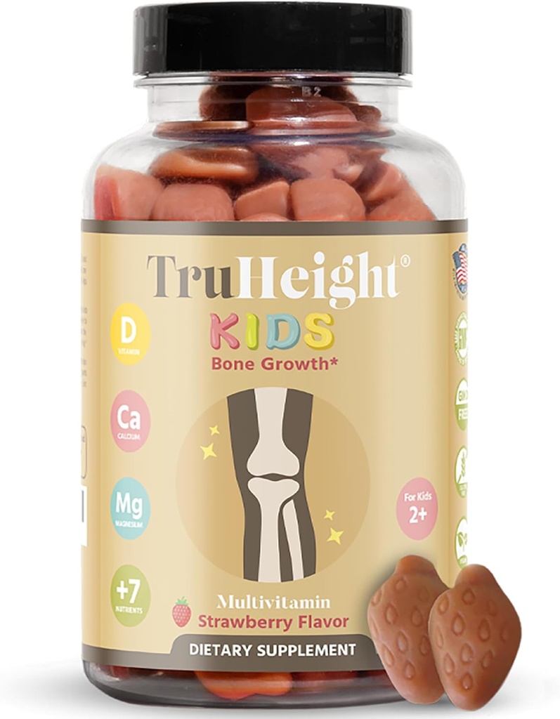 TruHeight Kids Bone Growth Gummies (Strawberry, Alter 2+) Alle natürlichen Kinder & Kleinkind Vitamine - Vitamin D, Calcium, K, Magnesium Multivitamin, Wachstum & Entwicklung, baut starke Knochen, D3 K2, Vegan