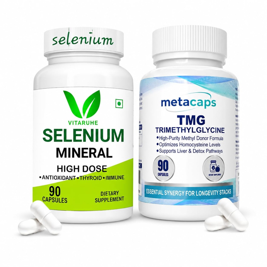 Vitaruhe Selenium Mineral + Metacaps TMG (Trimethylglycine) Bundle | Thyroid, Methylation, Liver Detox, Antioxidant & Cardiovascular Support | 90 Capsules Each
