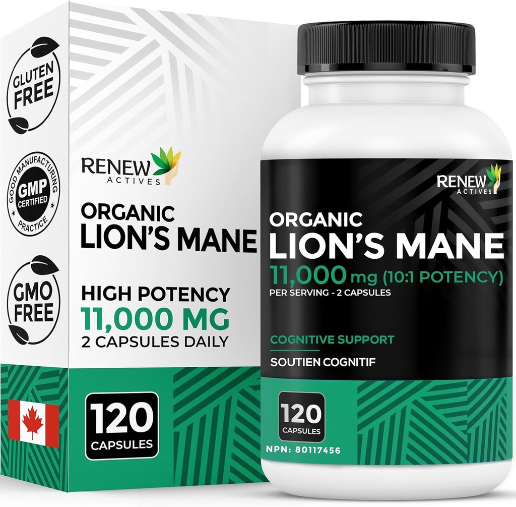 Renew Actives Premium Bio Lion's Mane Mushroom 1100MG pro 2 Kapseln - Unterstützt Gehirnfunktion, Gedächtnis, Fokus, Stress Relief & Immune Gesundheit, Non-GMO, Vegan - Made in Canada - 120 Kapseln