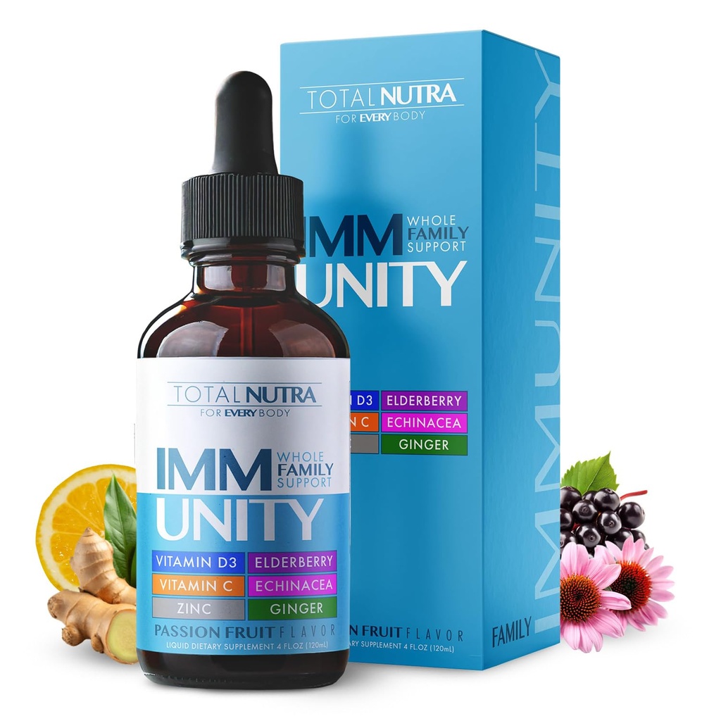 Gesamt Immun 6-in-1 Flüssige Multivitamin-Ergänzung | 100% täglich Zink, Vitamin D3, Vitamin C Immunität Tropfen Vitamin Liquid | Elderberry, Echinacea, Ingwer-Unterstützung für Erwachsene & Kinder | 4 oz Passionsfrucht