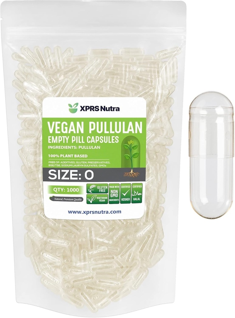 XPRS Nutra Größe 0 Pullulan Leere Kapseln - 1000 Count Clean Label Plantcaps Clear Leere Vegan Kapseln - Premium Vegetarian Pillen - DIY Gemüse Kapsel Füllung für Do-It-Yourself Ergänzungen