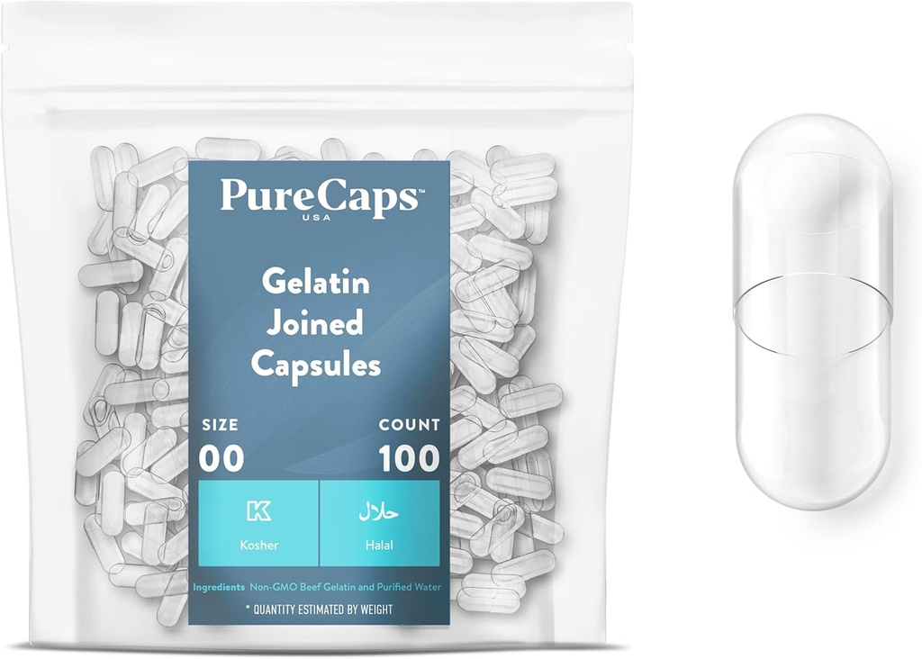 PureCaps USA - Leere Gelatine Kapseln Größe 00| 100 Eingefügte Pillen| Clear| Nicht-GMO zertifiziert| SLS, Gluten, Konservierungsmittelfrei