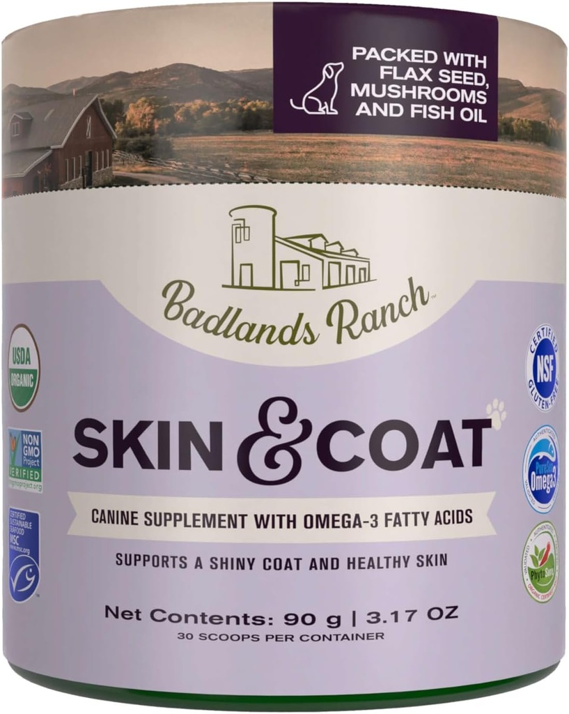 Badlands Ranch - Skin & Coat Canine Supplement w/Omega-3 Fettsäuren, Org. Inhaltsstoffe, Antioxidant Topper, Nourish Coat &Paws, Joint, Support Shiny Coat & Healthy Skin von Katherine Heigl (30 Scoops)