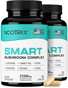 Nootrix Smart Mushrooms Complex Supplement | Unterstützt Gedächtnis, Mental Fokus, Kognitive Gesundheit & Energie | 27,000mg Bio Pilze | Lions Mane, Reishi, Cordyceps, Chaga & Turkey Tail | 240 Kapseln