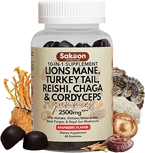 Sakoon Ernährung Lions Mane Mushroom Gummis mit Türkei Tail, Reishi & More, 2500mg, 60 Count, Himbeer Flavored