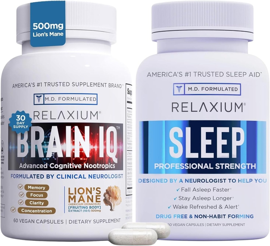 Relaxium Schlafhilfe 60 Kapsel + BrainIQ Nootropic Brain Ergänzungen 60 Kapsel (Family Pack Sleep & Brain Bundle)