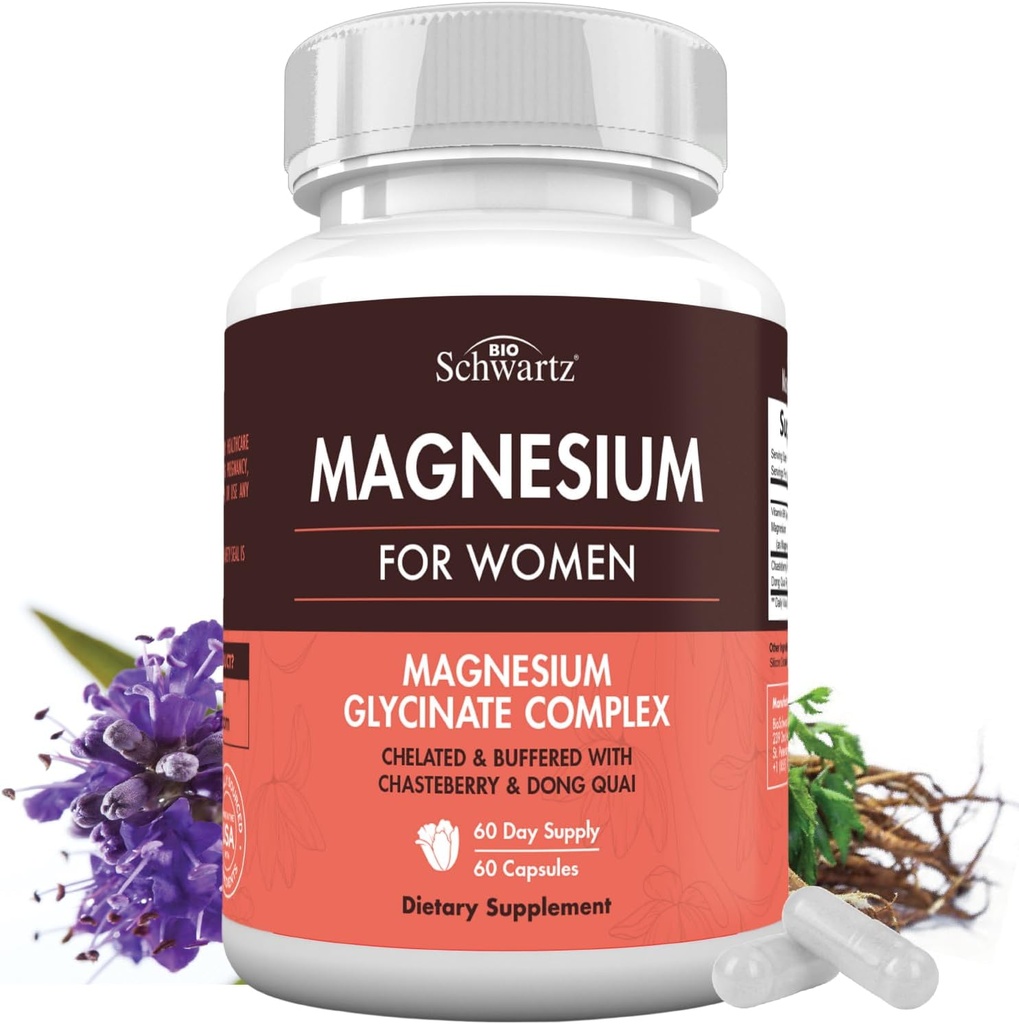 4-in-1 Magnesium-bisglycinat Ergänzung für Frauen - Magnesium-Komplex mit Chasteberry, Dong Quai & Vitamin B6 für Stress-Relief, besserer Schlaf, Nerve, Knochen & Muskel-Unterstützung - 60 Kapseln