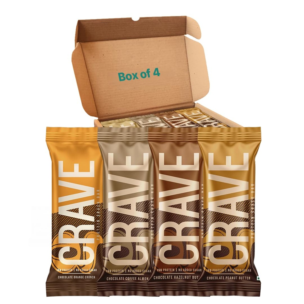 Green Protein Crave Plant Protein Bars (Assorted Pack of 4) | 15g Protein, Zero Added Sugar, High in Fiber | Crunchy Wafer Bar | Decadent Sugar-Free Chocolate, Creamy Nut Butters | Tastes like a Cheat Meal | 100% Vegetarian & Gluten-Free | No Palm Oil | 200g (Pack of 4 contains 1 x Chocolate (Hazelnut,Peanut Butter,Coffee Almond, Orange)