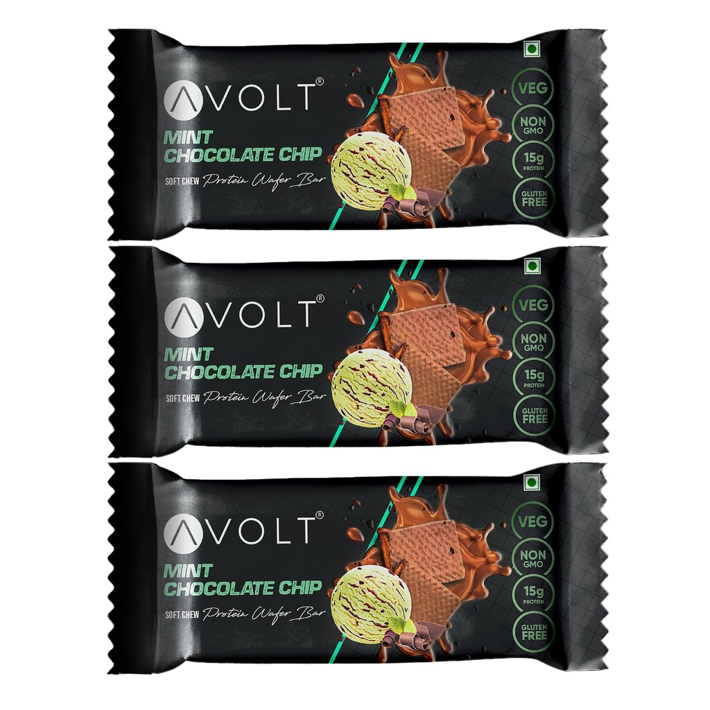 Avolt Mint Chocolate Chip Protein Wafer Bars with 15g Protein | Pack of 3 x 50g each | High Energy Protein Bars, Gluten Free Snack with Dark Chocolate & Mint Flavour, For Fitness & Immunity Booster