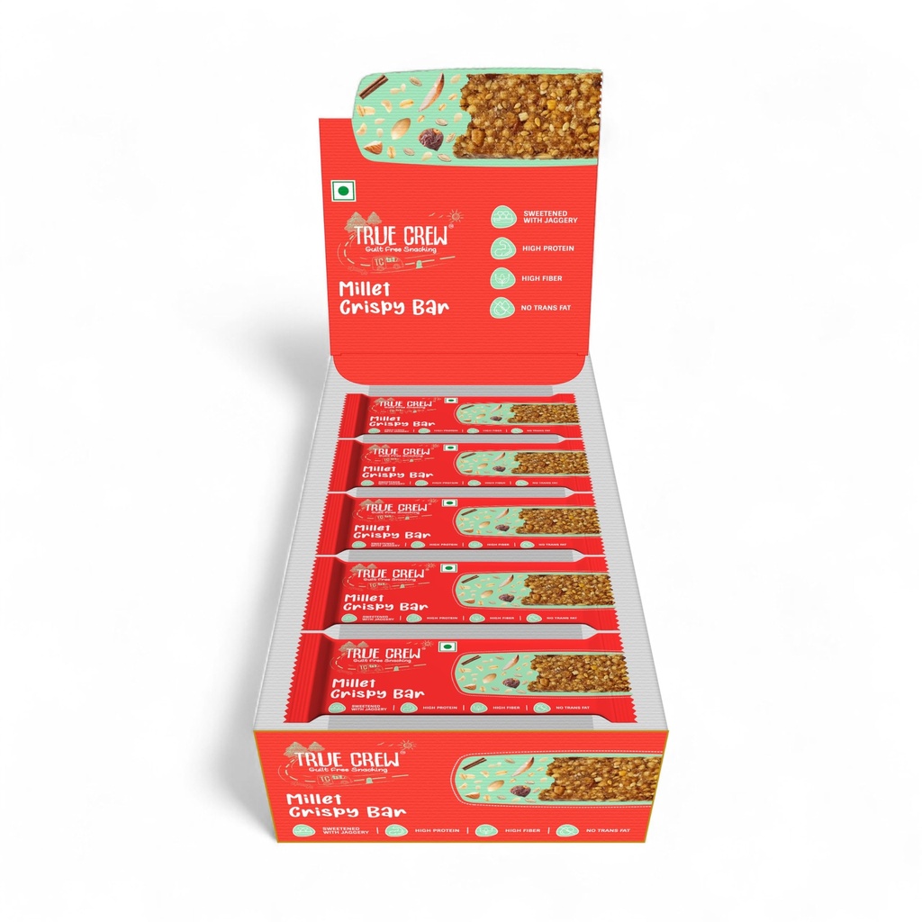 TRUE CREW Millet Crispy Bar - 250g | High Protein & High Fibre Snack | Jaggery Sweetened No Refined Sugar | Gluten & Soy Free | (25g x Pack of 10)