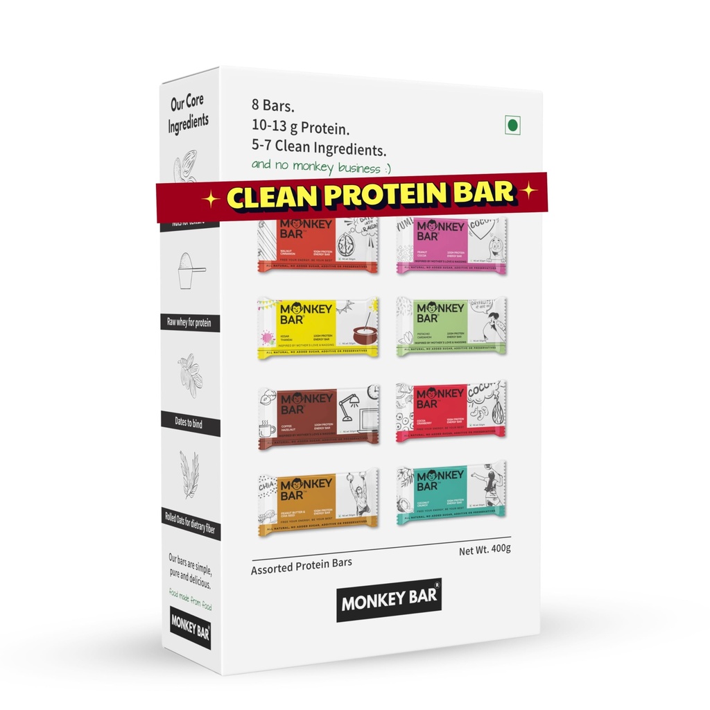 MONKEY BAR - Assorted Protein Bars - 8 Pack, 50grams each, 10-13g Protein, Healthy & High Protein Snack Bar, No Added Sugar, 5-7 All Natural Ingredients, 8 Delicious Flavours, Clean Energy