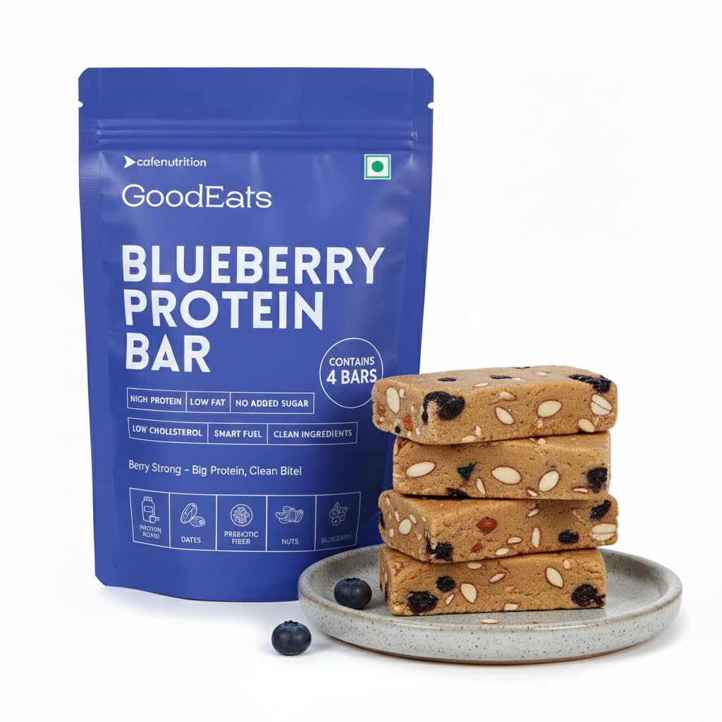 GoodEats Blueberry Protein Bar | Protein Blend (Soya Isolate + Whey Concentrate) | 23.1g Protein (Per 65g) | Naturally Occuring Sugars, Maximum Impact | Dates + Nuts | With Prebiotic Fiber | 65g x 4