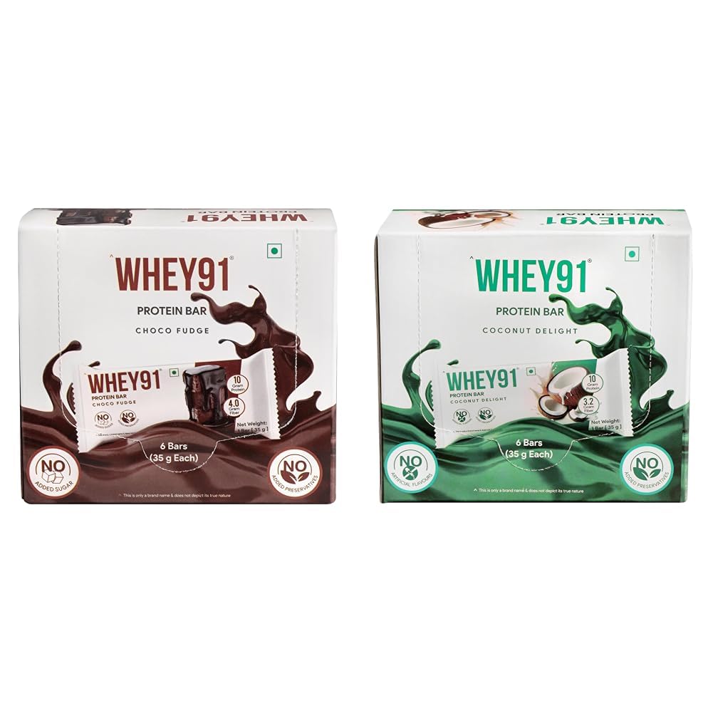 Whey91 Choco Fudge Protein Bar, 10g Protein & 4g Fiber in each, No Added Preservatives, No Artificial Flavours, 210g- (Pack of 6)|Whey91 Coconut Delight Protein Bar, 10g Protein & 3.2g Fiber in