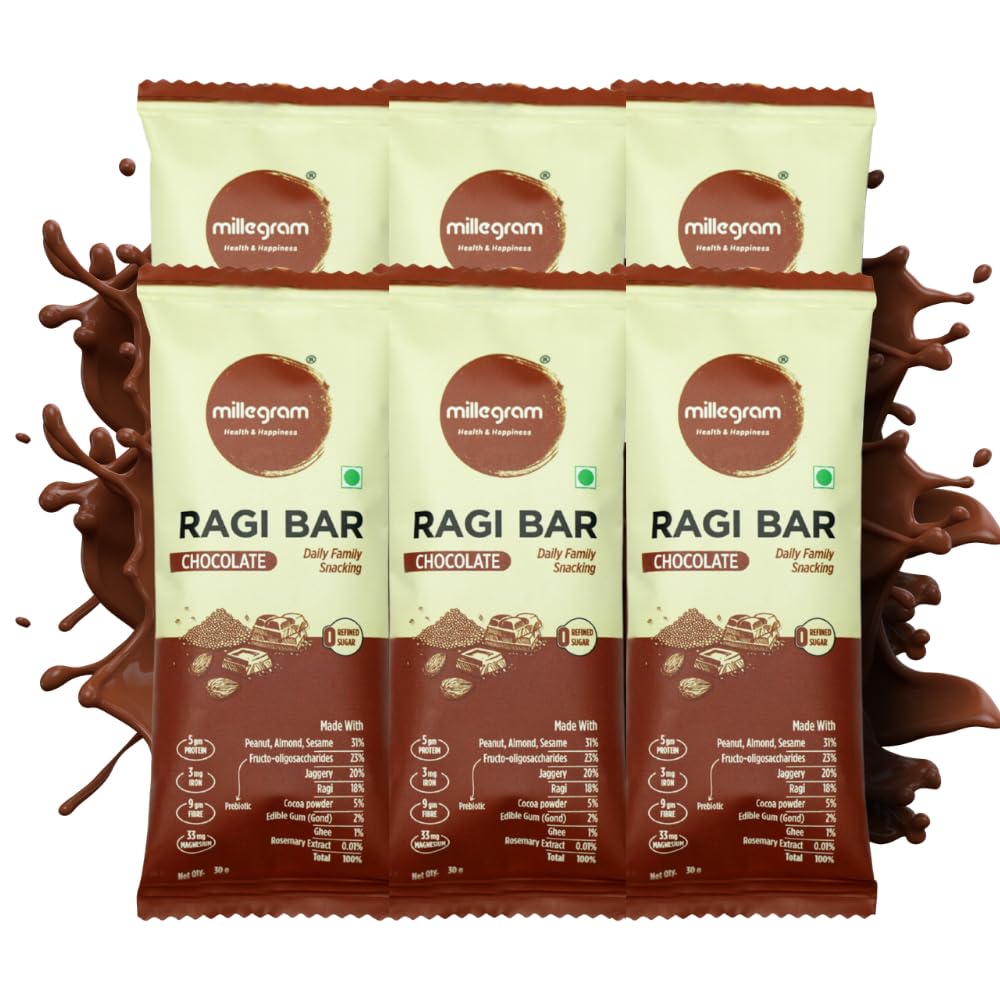 Millegram Ragi Bites Chocolate Flavour (Pack of 6 X 30G) - 5G Protein & 9G Fiber Each Bars | High Protein Goodness of Ragi, Peanut Butter, Jaggery Almond & Cow Ghee. Gluten-Free Snack with No Added Refined Sugar, Preservative-Free