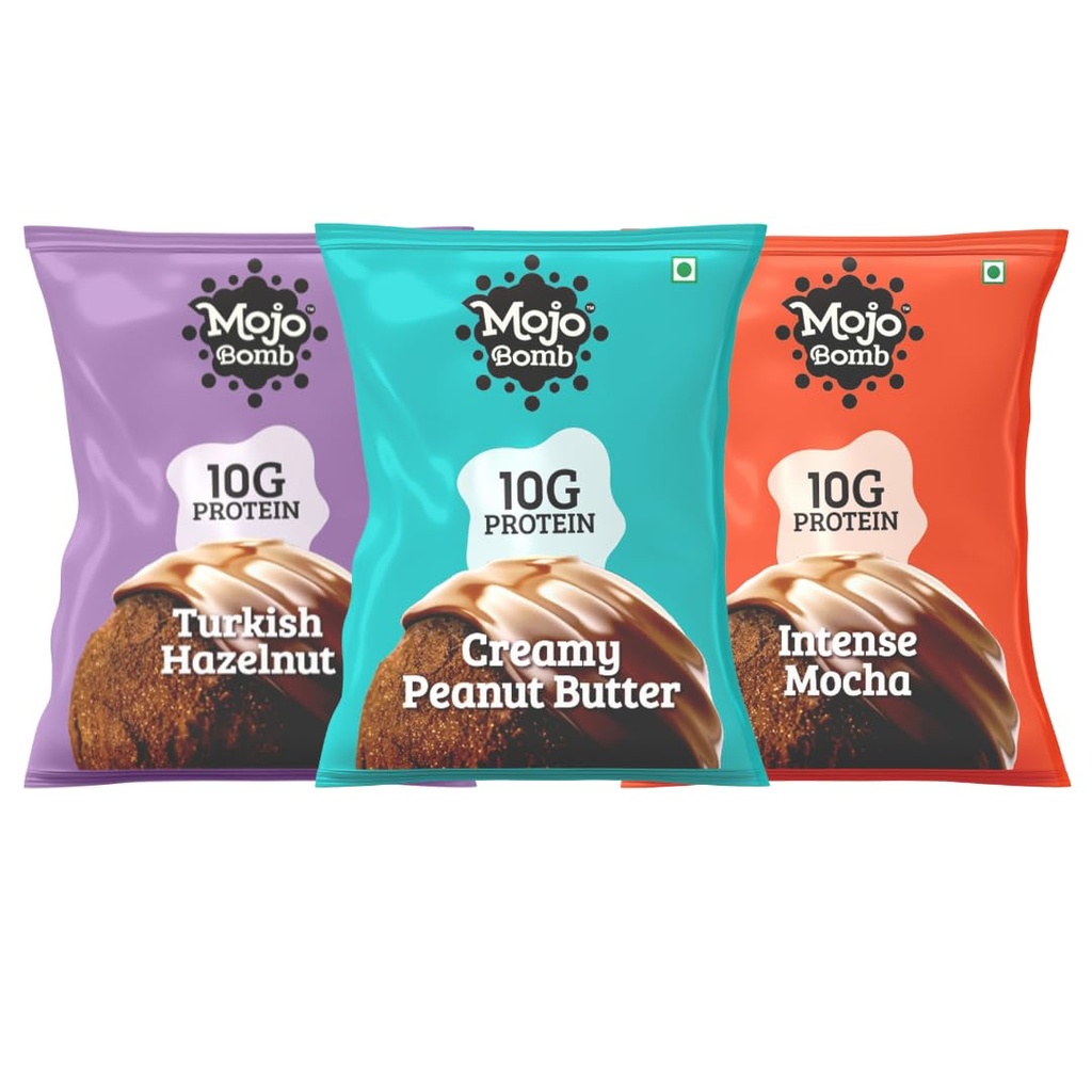 Mojo Bar Protein Bombs Variety Pack | Peanut Butter, Hazelnut & Mocha | Daily Protein Snack | 10g Protein | Pack of 12 x 40g Protein Balls | Vegan, Gluten Free & No Preservatives