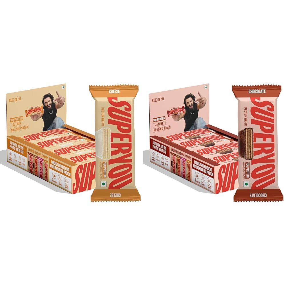 SuperYou Cheese & Chocolate Protein Wafer Bars Combo. 10g Protein, 3g Fiber, No Added Sugar, Vegetarian, No Palm Oil. 400g each.