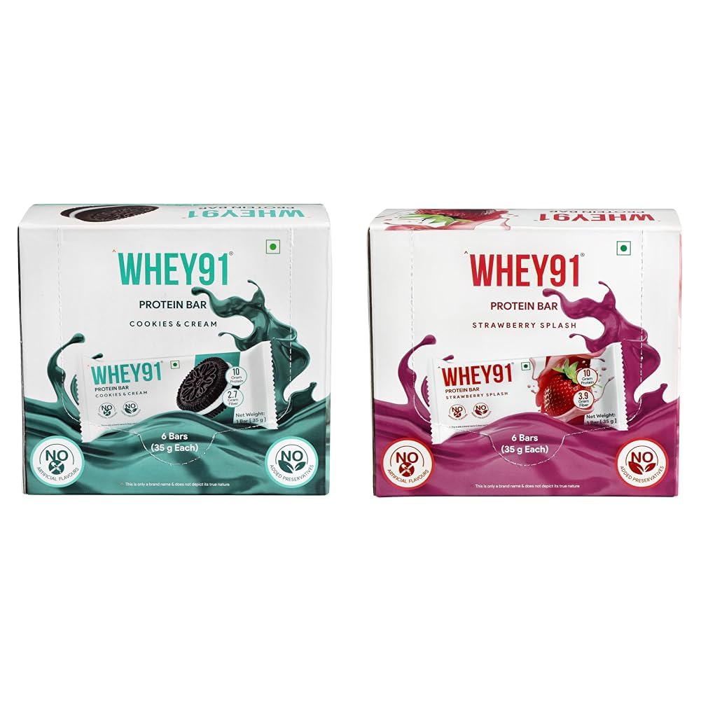 Whey91 Cookies & Cream Protein Bar, 10g Protein & 2.7g Fiber in each, No Preservatives, No Artific | Whey91 Strawberry Splash Protein Bar, 10g Protein & 3.9g Fiber in each, No Added Preservatives, No