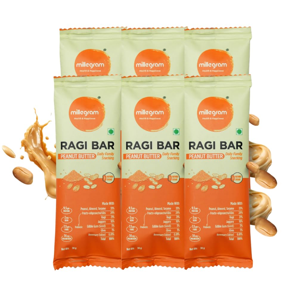 Millegram Ragi Bars Peanut Butter Flavour 30g - Pack Of 6 | Protein 9.5, Fibre 7.5, Magnesium, Iron, Goodness of Ragi, Peanut Butter, Jaggery Almond & Cow Ghee. Gluten-Free Snack with No Added Refined Sugar, Preservatives