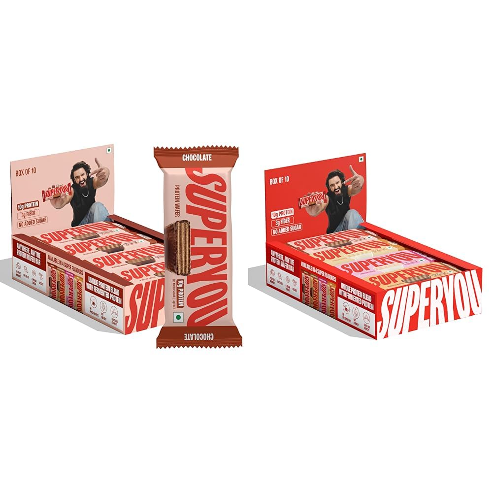 SuperYou Chocolate & Assorted Protein Wafer Bars Combo. 10g Protein, 3g Fiber, No Added Sugar, Vegetarian, No Palm Oil. 400g each.