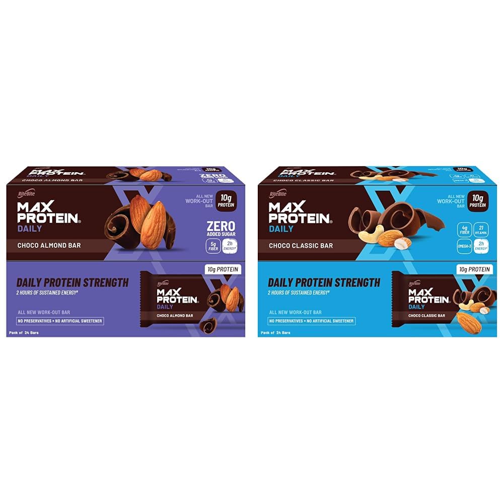 RiteBite Max Protein Daily Bars - Choco Almond & Choco Classic, 10g Protein, 4g Fiber, 21 Vitamins & Minerals, 50g Each (Pack of 24), 1200g Combo