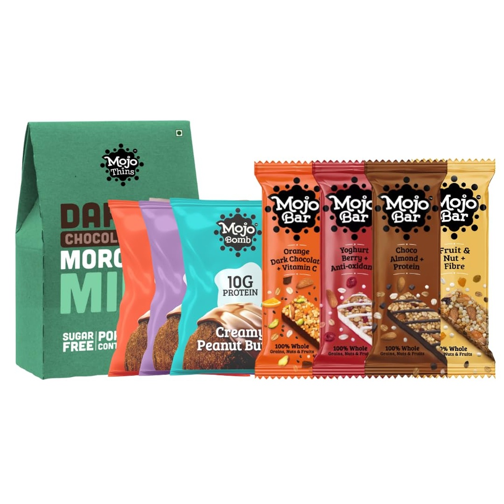 Mojo Bar Assorted Combo - 4 Energy Bars + 3 Protein Bombs + 1 box of Dark Chocolate Sugar Free Mint Thins, 323g
