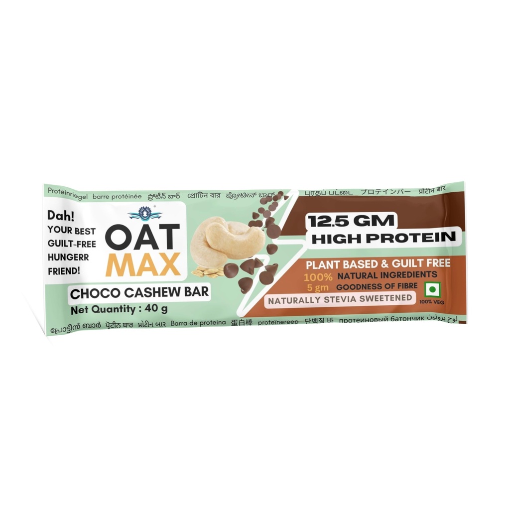 OATMAX PROTEIN OAT BAR- NUTRITION CASHEW CHOCO BAR- PACK OF 5 (40 GM EACH) 12.5 GM HIGH PROTEIN, FIBER, VITAMINS & MINERALS, NO PRESERVATIVES, 100% VEG, NO ADDED SUGAR, FOR ENERGY, FITNESS (CASHEW CHOCO)