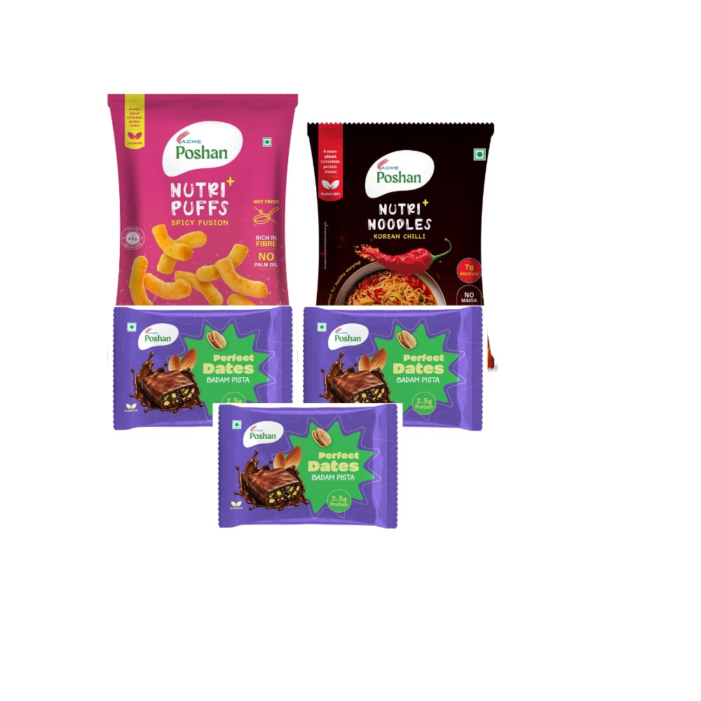 ACME Poshan Snack Variety Pack, Perfect Dates Badam pista Pack of 3, Nutri+ Noodles Korean Chilli, Nutri+ Puffs Spicy Fusion, No Palm Oil, High Protein Healthy Snacks Combo