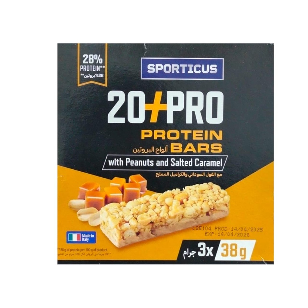 Sporticus 20+Pro High Protein Bar Peanut & Salted Caramel - 28% Protein, 10.6g Protein Per Bar, Made in Italy, Pack of 3 x 38g (114g)