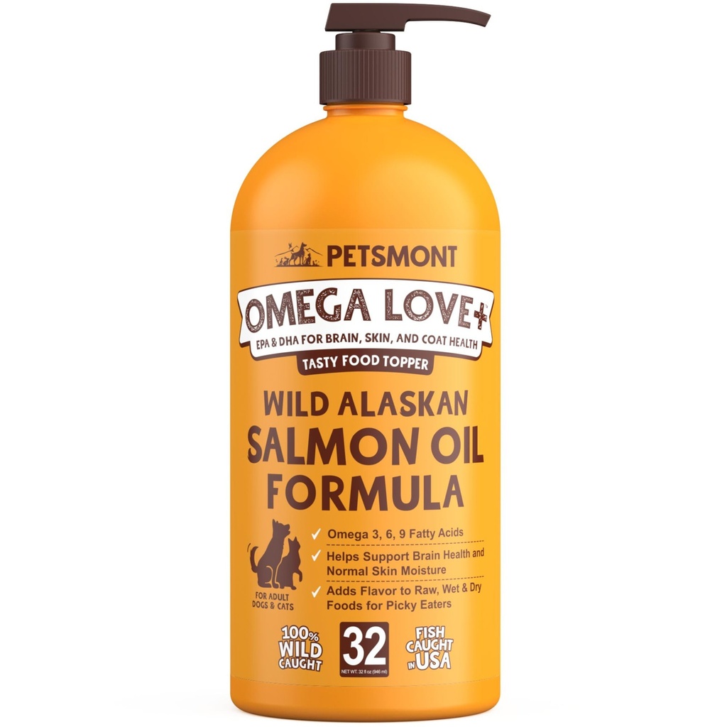 Petsmont Omega Love+ Wild Alaskan Lachsöl für Hunde Formel 32 oz - Fish Omega Liquid Pump Katzen Unterstützt Gelenkfunktion Immune Herzgesundheit Nahrungsergänzung Haustiere natürliche EPA DHA Fettsäuren