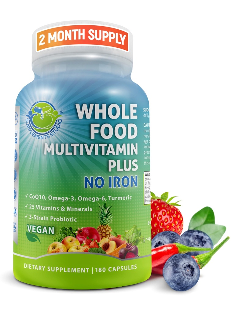 Vegan Ganzes Essen Täglich Multivitamin ohne Eisen, Methyliertes Multivitamin für Frauen und Männer, hergestellt mit Früchten & Gemüse, B-Komplex, Probiotika, Enzyme, CoQ10, Omegas, Turmeric, Non-GMO, 180 Count