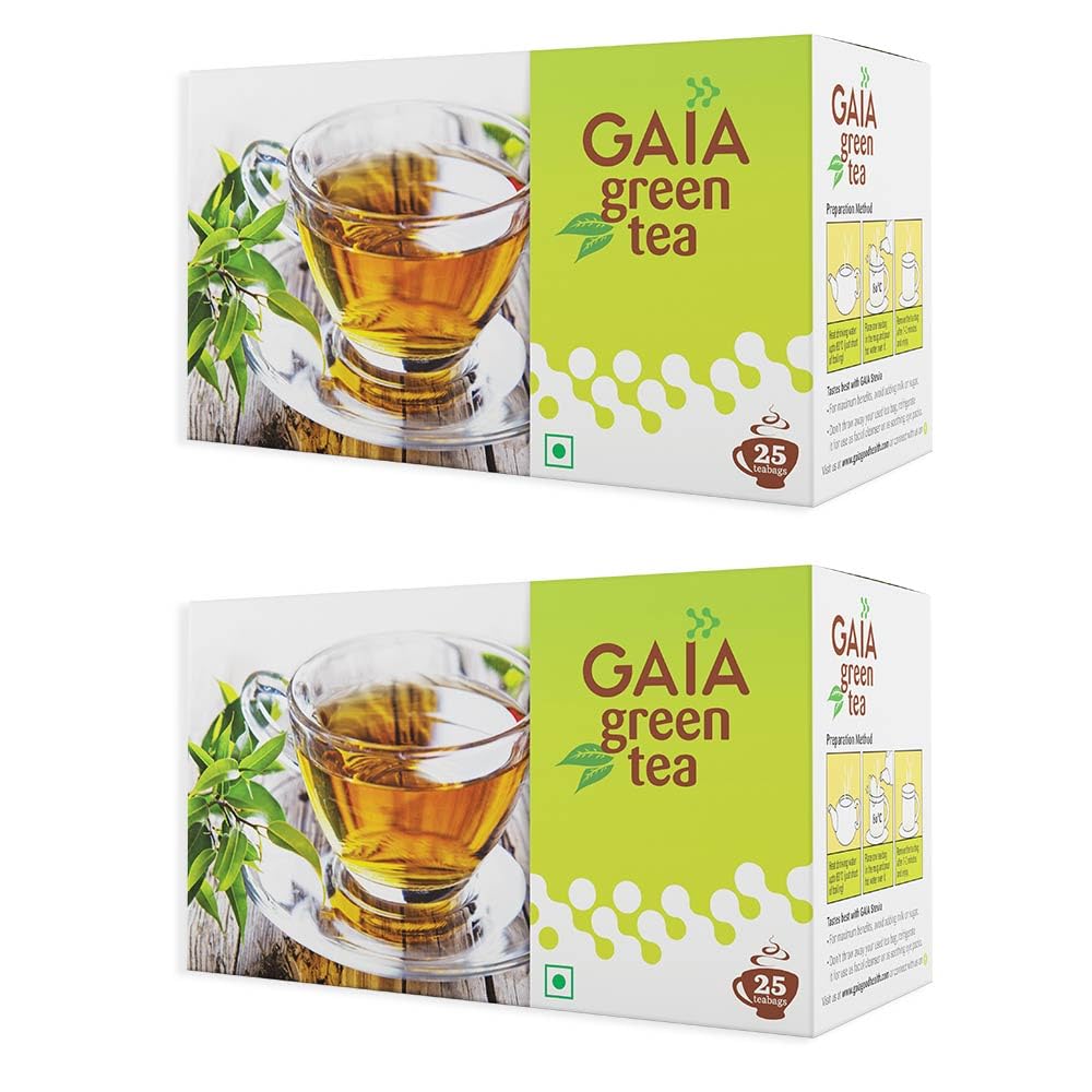 GAIA Green Tea Bags Pack of 2 (25 Tea Bags Each, Total 50 Bags) | Rich in Antioxidants | Supports Weight Management & Immunity | Natural Detox Green Tea | Zero Calories