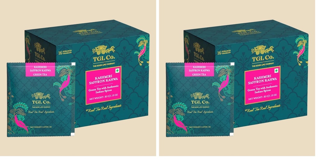 TGL Co. Kashmiri Saffron Kahwa Green Tea (16 Tea Bags) | Saffron-Infused Aromatic Blend | Boosts Immunity & Energy | Supports Digestion | Relieves Stress | Rich & Exotic Flavor (Pack of 2)