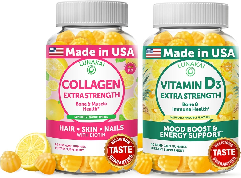 Lunakai Collagen und Vitamin D3 Gummie Bundle - Non-GMO Anti Aging Ergänzungen für Männer und Frauen - Immunität, Knochen und Stimmung Unterstützung Gummy für Erwachsene - 30 Tage Versorgung