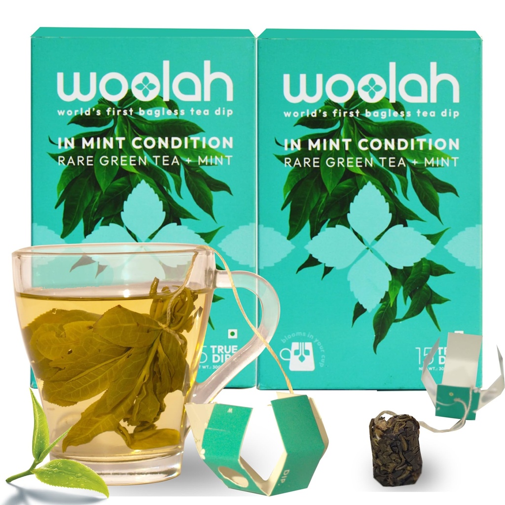 Woolah Rare Assam Green Tea With Mint, Organic Bagless Tea Dip (2 Packs = 30 Dips /60 Cups) 100% Plastic Free, Rich In Antioxidants Supports Weight Management, Skin And Heart Health,