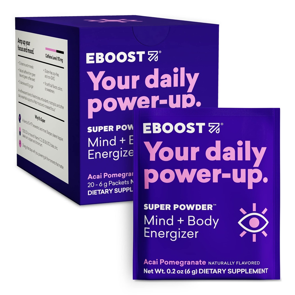EBOOST Super Energy Powder Drink Mix, Non-GMO Elektrolyt-Ergänzung mit Vitaminen (Acai Pomegranate), 0,2 Unze (Pack mit 20)