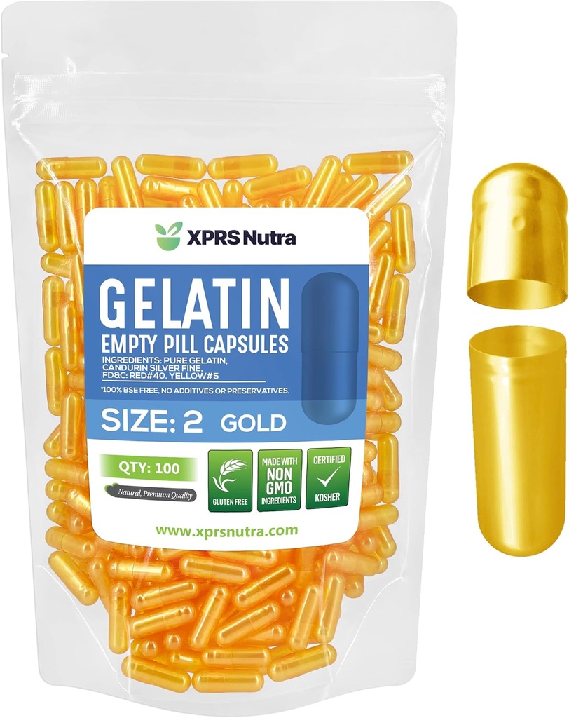 XPRS Nutra Größe 2 Leere Kapseln - 100 Count Leere Gelatine Kapseln - Pillen DIY Kapsel Füllung - Pure Bovine Pille Gel Kapseln für Do-It-Yourself Ergänzungen (Gold)