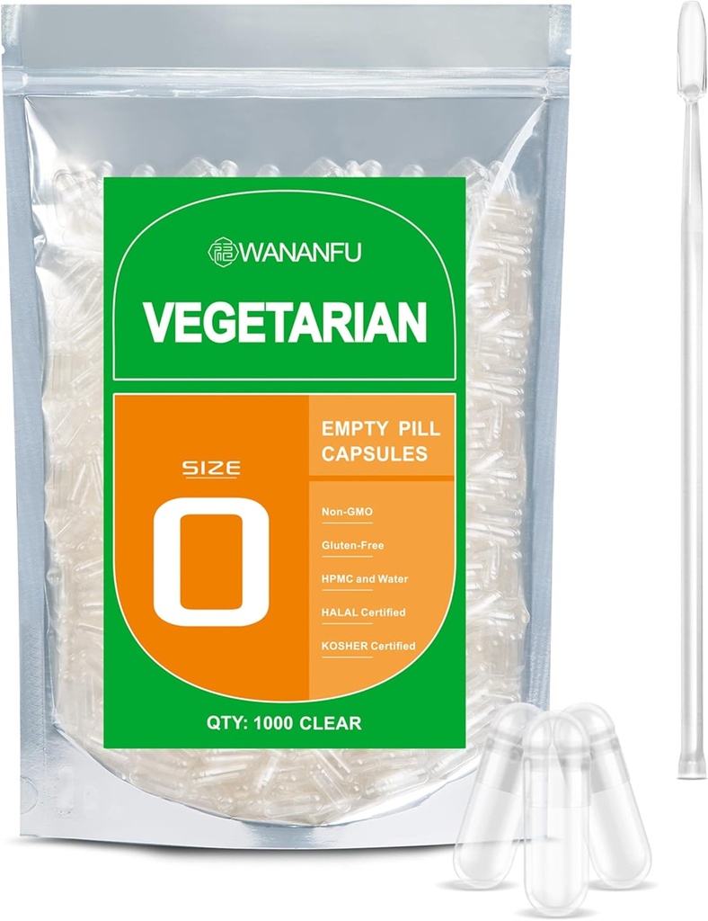 wananfu Größe 0 Leere Kapseln Vegetarisch (1000 Zähler) Bundle mit Micro Lab Spoon, Klare füllbare Veggie Pillen Kapseln Größe 0 für Ihre eigenen Ergänzungen