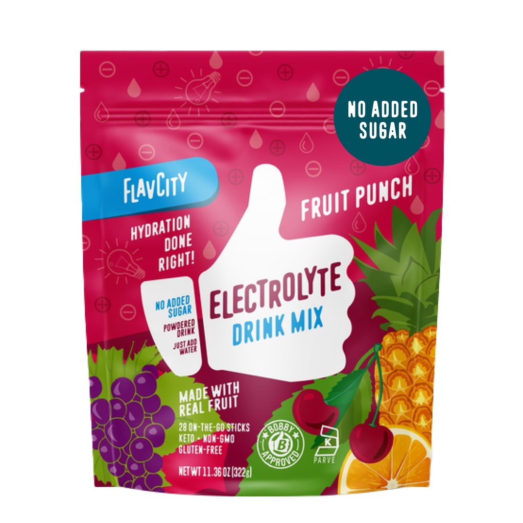 FlavCity Fruit Punch Elektrolyte Pulver-Packets - 28 Hydration-Packets - Kein hinzugefügter Zucker - Hydration Pulver mit echtem Obst & Unraffinetem Meersalz - Keto & Glutenfrei (28 Stick Packs)