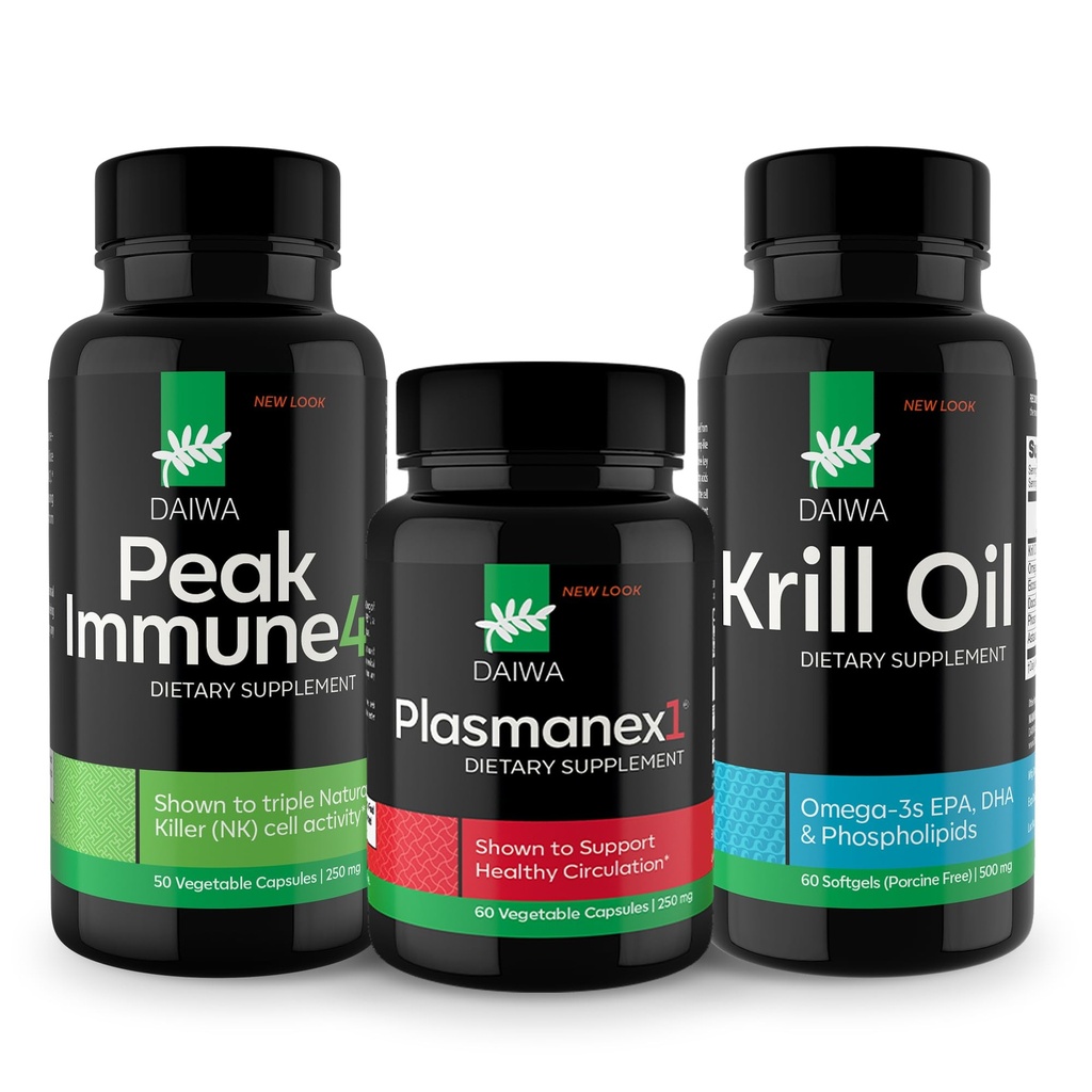 Daiwa Peak Immune 4 - Natürliche Immunsystem Booster + Plasmanex 1 – Blutzirkulationsergänzung + Krill Öl – Omega 3 Krill Öl Kapseln