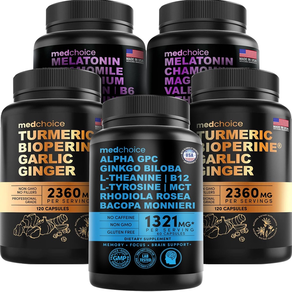 MEDCHOICE Turmeric & Ginger (240ct), Sleep Melatonin (180ct) und Nootropic Brain (60ct) Supplement Bundle - Wellness Trio für Gehirn, Schlaf und Immununterstützung - Vegan, Non-GMO, Gluten-frei