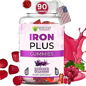 Made in USA 90 Eisengummis für Frauen Anemia - Vegan, Gluten Free & Immun Support Eisen Supplement Gummis (Grape) - Kaubare Eisengummis für Herren - Kinder Eisengummis für Kinder mit Vitamin C, A & Zink