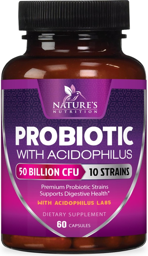 Probiotics 60 Billion CFU per Servieren - 10 Strains + Präbiotika - Verdauungs-Gesundheit, Gut & Immun-Unterstützung - Unterstützt Okzial-Verstopfung, Gas & Bloating für Damen & Herren Regal Stabil - 60 Kapseln