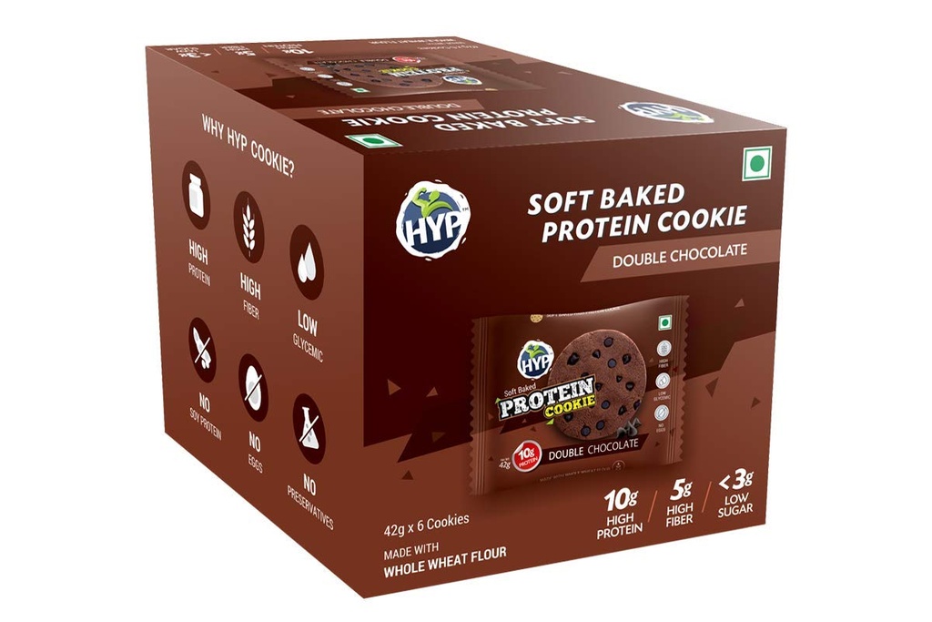 HYP - Protein Cookies, Double Chocolate (6x42g) | 10g Protein per Cookie | Made With Whole Wheat Flour | High Protein, High Fiber, Low Sugar | Protein Snack